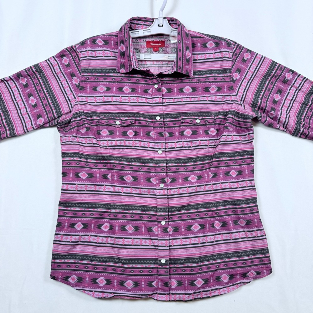 Panhandle Western Aztec Print Pearl Snap Button Shirt Womens Size L Long Sleeve